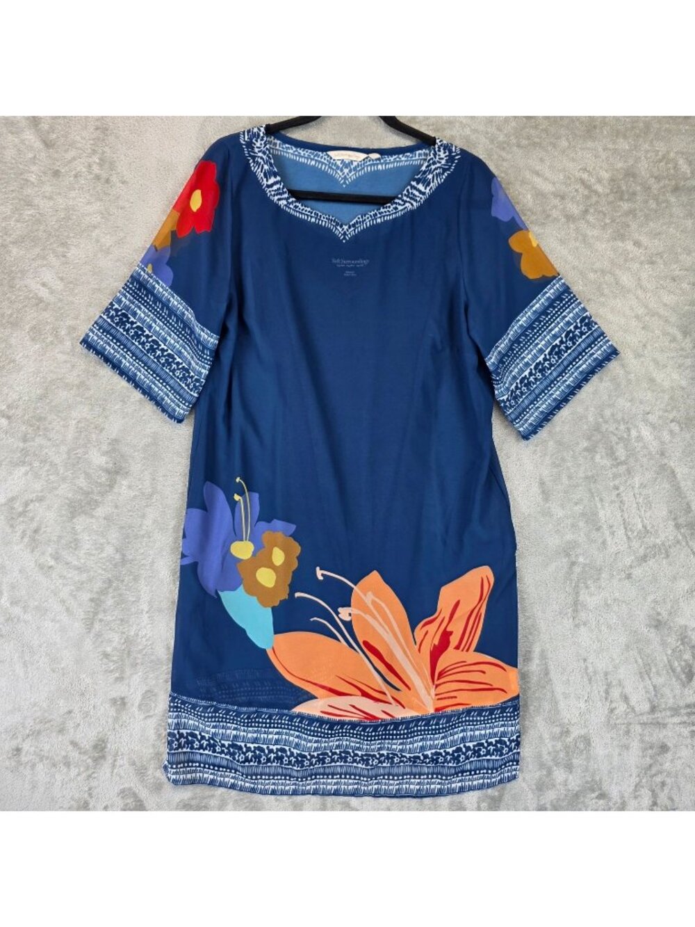 Soft Surroundings Dress Womens M Blue Floral V Neck Half Sleeve Shift Casual